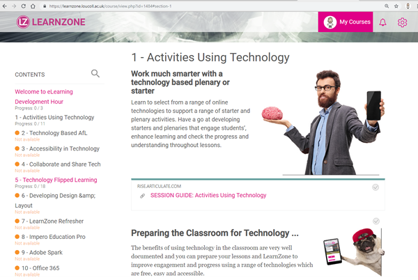 A screenshot of the LearnZone coursepage.