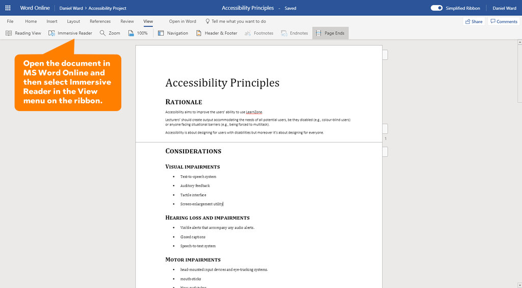 A screenshot of the example word document with a speech bubble pointing to the Immersive Reader tool button.  The caption reads "Open the document in MS Word Online and then select Immersive Reader in the View menu on the ribbon.