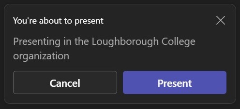 Screenshot of alert in Teams stating you're about to present with the options to cancel or present.