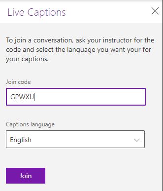 Live Captions set up add join code and language you would like