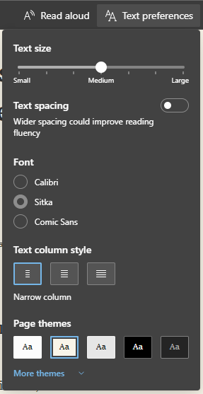 Immersive Reader Text Preferences in Edge