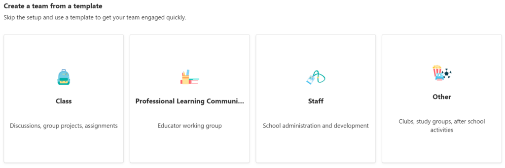 Create a team window in Teams showing options for Class, Professional Learning Community, Staff and Other.