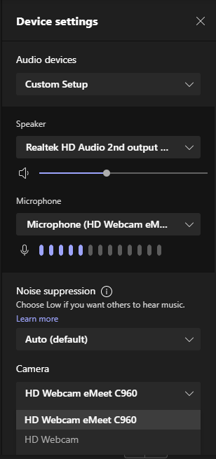 Microsoft teamsdevice settings menu