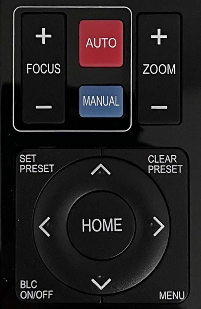 Focus, zoom, pan and tilt buttons on camera remote