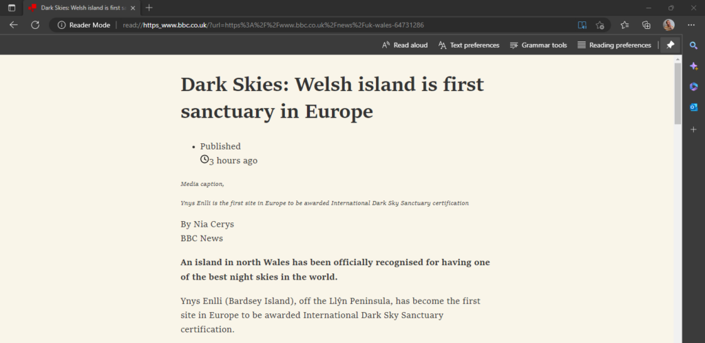 Full Screenshot of the page layout with Immersive Reader on in Edge browser. 