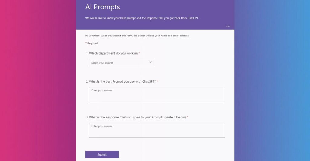 AI Prompts Form (screenshot) links to Microsoft Form