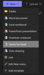 Screenshot of Microsoft Teams FIles tab New button drop-down list Forms for Excel selected.