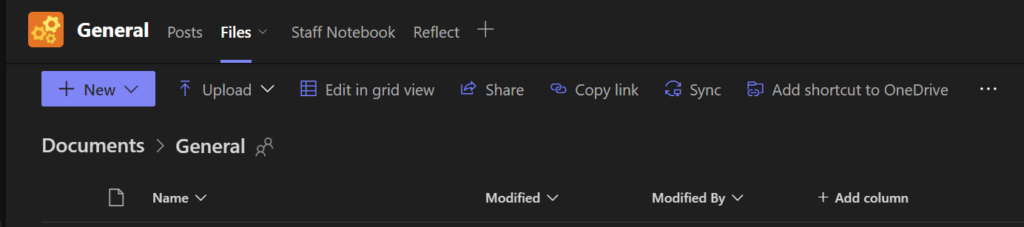 Screenshot of Microsoft Teams Files tab 