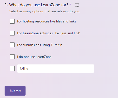 What do you use LearnZone for? Survey question screenshot that links to the Microsoft Form