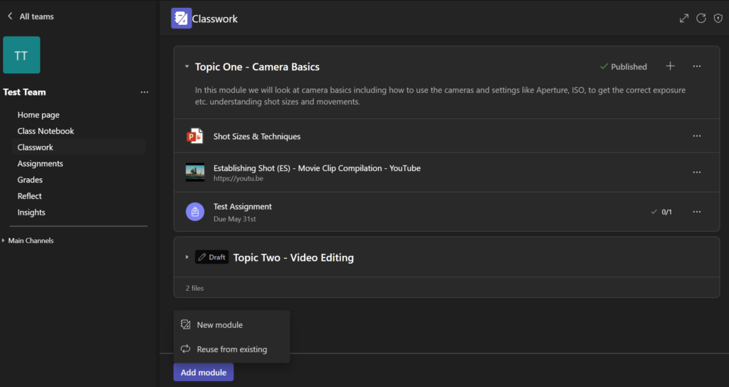 Microsoft Teams Classwork showing two modules with resources added including PowerPoint, YouTube video and Assignment. The Add Module button is selected showing the two options 'New module' and 'reuse from existing'.