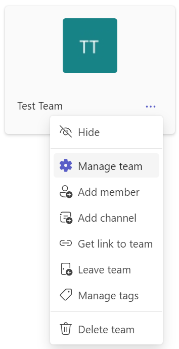 A Teams sites ellipsis (hotdog) button drop down with Manage Team selected.