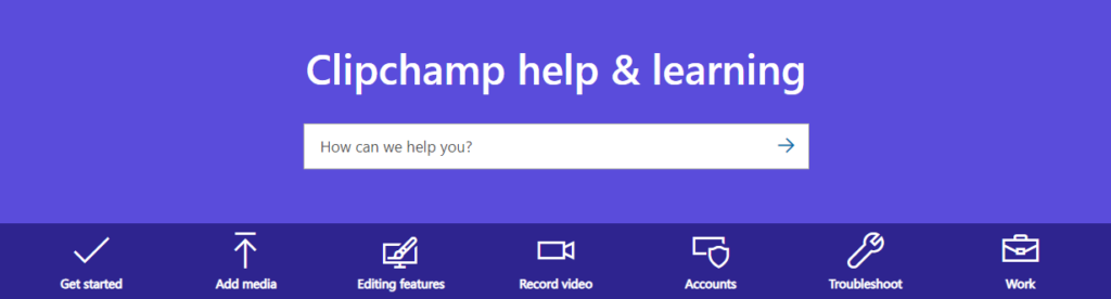 Screenshot from the Microsoft support site for Clipchamp showing a search bar and further options of support. The image also links to the website.