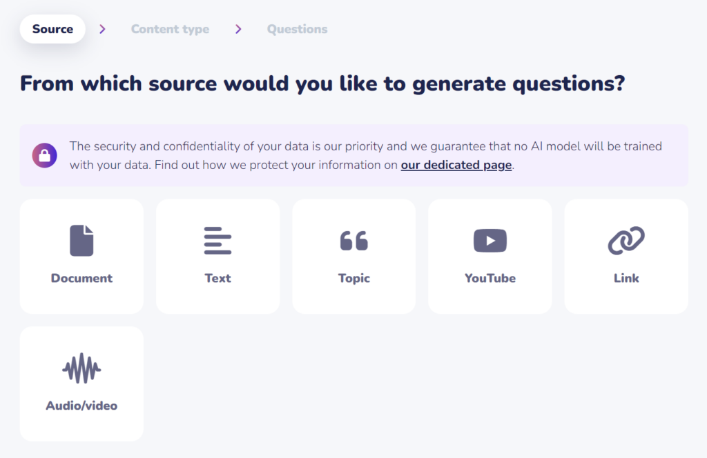 Screenshot of Wooclap, AI source option available to be selected to generate questions from.