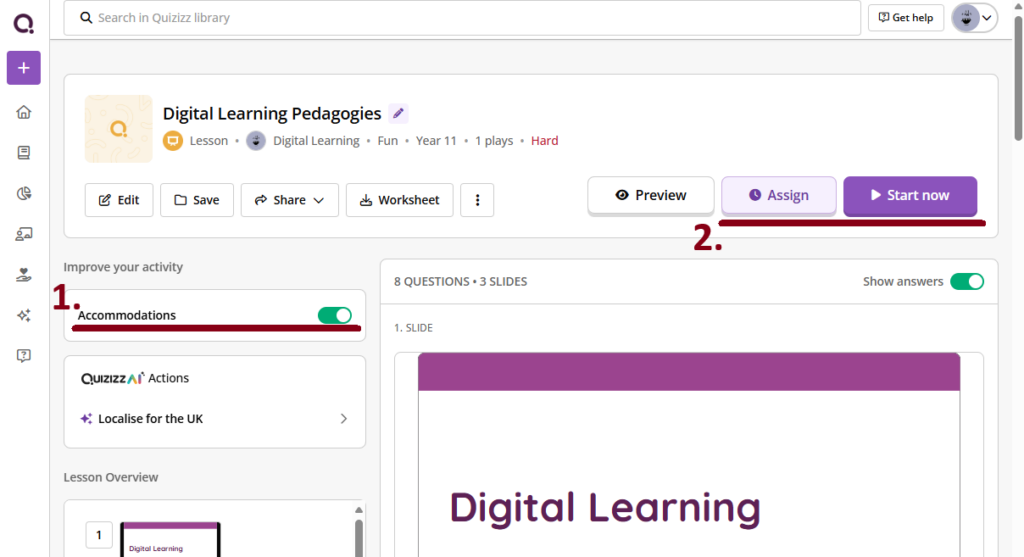 A screenshot of Quizizz, showing how the assigning menu with the "Accommodations enabled" slider on the left side.