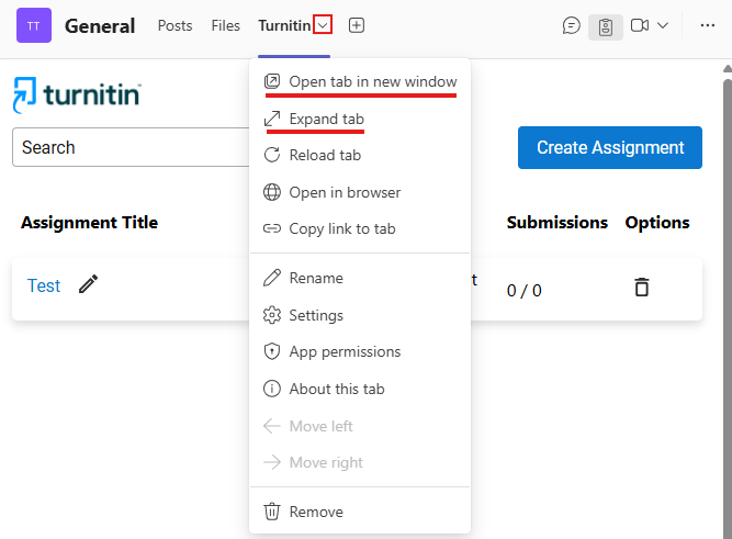 Microsoft Teams Turnitin tab with the down arrow selected showing the options for the tab