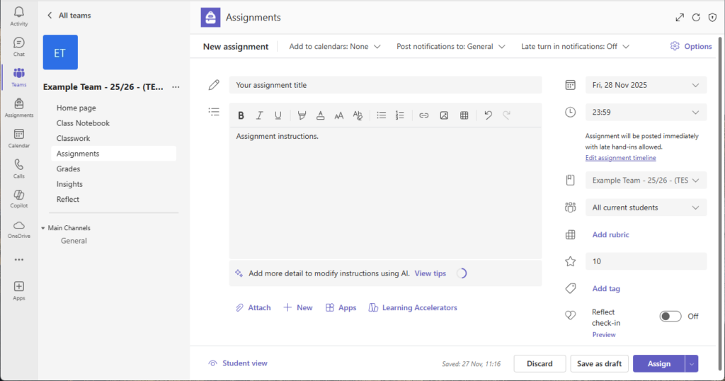 A screenshot showing the Teams assignment creation window.