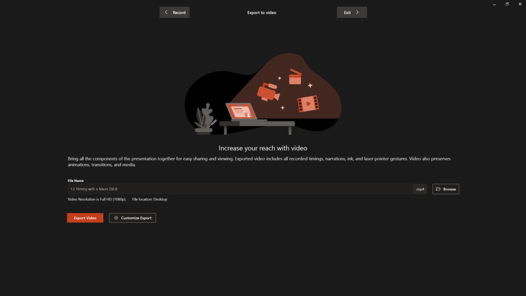 PowerPoint recording, exporting interface.