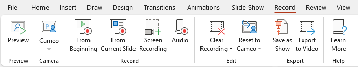 "Record" tab of PowerPoint selected.