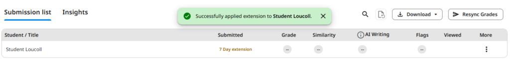 Successfully applied extension. The extra hours or day appear under the students "Submitted" section of the submission list.