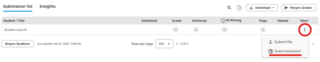 Turnitin submission list with the "More" ellipsis selected, showing a drop-down menu where you can select "Grant extension".