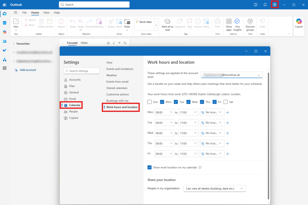 Screenshot of Outlook settings showing where to set working hours and location