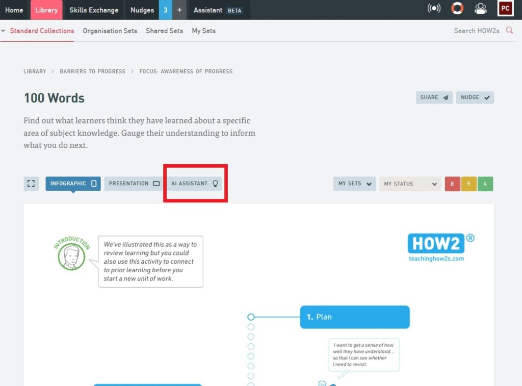 Screenshot of selected teaching strategy, 100 Words.