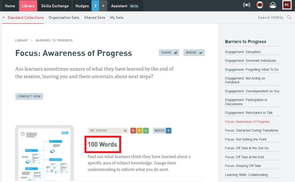 Screenshot of selected teaching strategies section on Focus: Awareness of Progress.