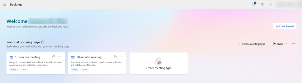Screenshot of the opening page for Microsoft bookings showing Personal booking page and where to create a meeting type.