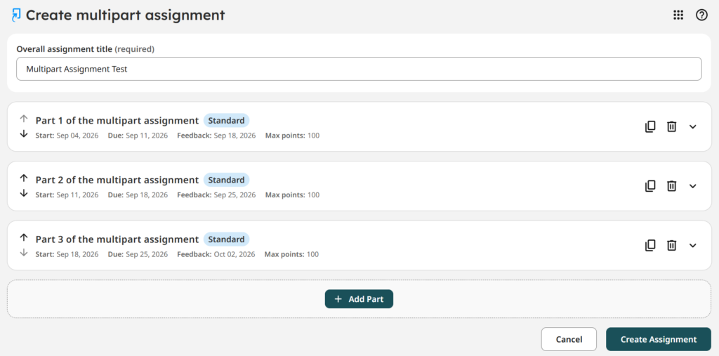 Screenshot of Turnitin Multipart assignment window showing three parts.